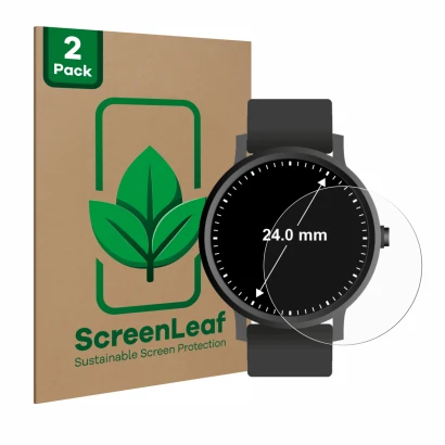 Parte frontale di una confezione del prodotto con il logo del marchio ScreenLeaf. Accanto è raffigurato il dispositivo Orologi