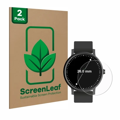 Parte frontale di una confezione del prodotto con il logo del marchio ScreenLeaf. Accanto è raffigurato il dispositivo Orologi