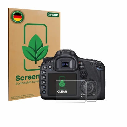 Parte frontale di una confezione del prodotto con il logo del marchio ScreenLeaf. Accanto è raffigurato il dispositivo Canon E