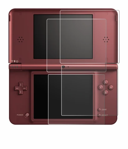 Immagine del dispositivo Nintendo DSi XL con un'ampia varietà di protezioni per lo schermo.