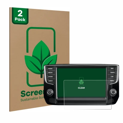 Parte frontale di una confezione del prodotto con il logo del marchio ScreenLeaf. Accanto è raffigurato il dispositivo Volkswa