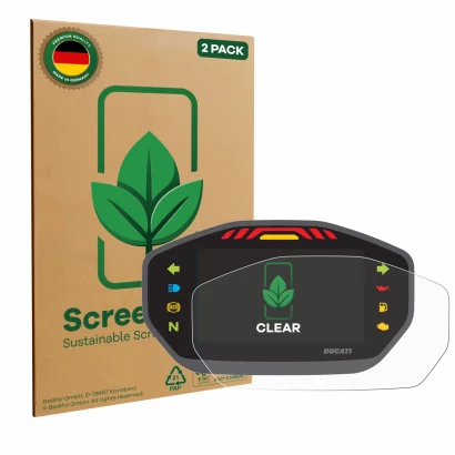 Parte frontale di una confezione del prodotto con il logo del marchio ScreenLeaf. Accanto è raffigurato il dispositivo Ducati 
