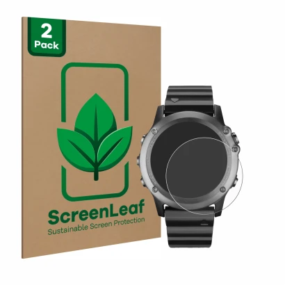 Parte frontale di una confezione del prodotto con il logo del marchio ScreenLeaf. Accanto è raffigurato il dispositivo Garmin 