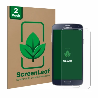 Parte frontale di una confezione del prodotto con il logo del marchio ScreenLeaf. Accanto è raffigurato il dispositivo Samsung