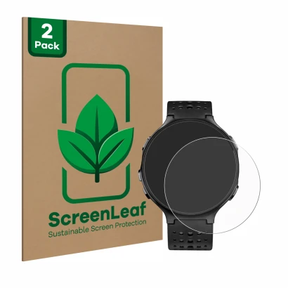 Parte frontale di una confezione del prodotto con il logo del marchio ScreenLeaf. Accanto è raffigurato il dispositivo Garmin 