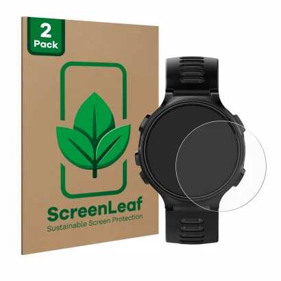 Parte frontale di una confezione del prodotto con il logo del marchio ScreenLeaf. Accanto è raffigurato il dispositivo Garmin 