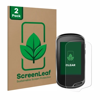 Parte frontale di una confezione del prodotto con il logo del marchio ScreenLeaf. Accanto è raffigurato il dispositivo Garmin 