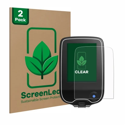 Parte frontale di una confezione del prodotto con il logo del marchio ScreenLeaf. Accanto è raffigurato il dispositivo Freesty