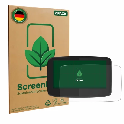 Parte frontale di una confezione del prodotto con il logo del marchio ScreenLeaf. Accanto è raffigurato il dispositivo TomTom 