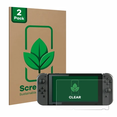 Parte frontale di una confezione del prodotto con il logo del marchio ScreenLeaf. Accanto è raffigurato il dispositivo Nintend