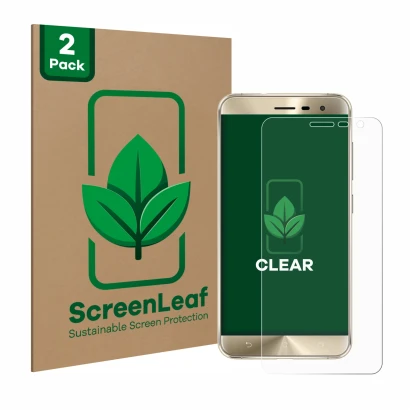 Parte frontale di una confezione del prodotto con il logo del marchio ScreenLeaf. Accanto è raffigurato il dispositivo ASUS Ze