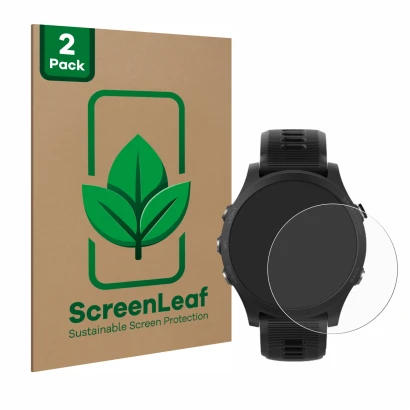 Parte frontale di una confezione del prodotto con il logo del marchio ScreenLeaf. Accanto è raffigurato il dispositivo Garmin 