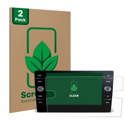 Parte frontale di una confezione del prodotto con il logo del marchio ScreenLeaf. Accanto è raffigurato il dispositivo Volkswa