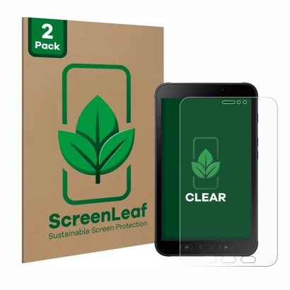 Parte frontale di una confezione del prodotto con il logo del marchio ScreenLeaf. Accanto è raffigurato il dispositivo Samsung