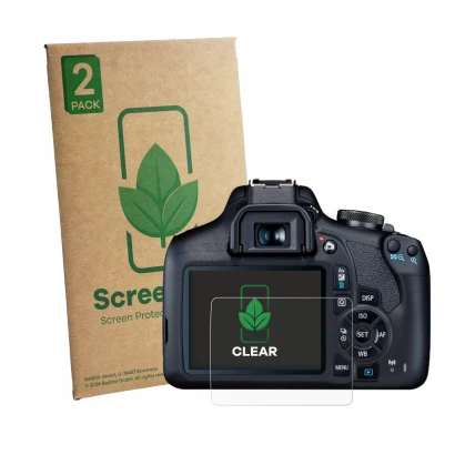 Parte frontale di una confezione del prodotto con il logo del marchio ScreenLeaf. Accanto è raffigurato il dispositivo Canon E