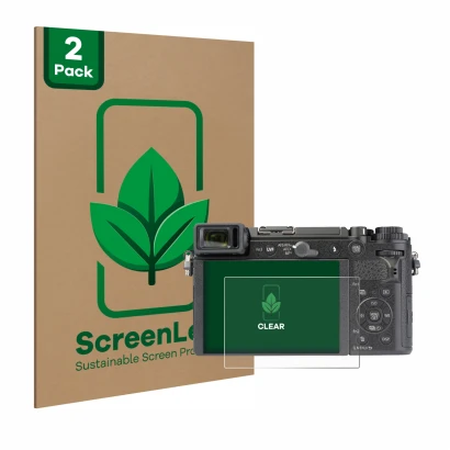 Parte frontale di una confezione del prodotto con il logo del marchio ScreenLeaf. Accanto è raffigurato il dispositivo Panason