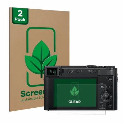 Parte frontale di una confezione del prodotto con il logo del marchio ScreenLeaf. Accanto è raffigurato il dispositivo Panason