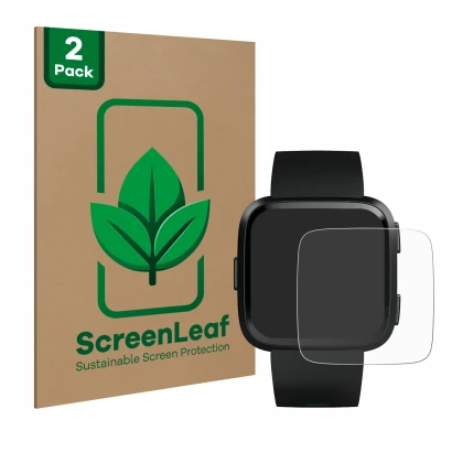 Parte frontale di una confezione del prodotto con il logo del marchio ScreenLeaf. Accanto è raffigurato il dispositivo Fitbit 