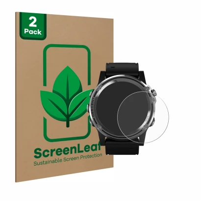 Parte frontale di una confezione del prodotto con il logo del marchio ScreenLeaf. Accanto è raffigurato il dispositivo Garmin 
