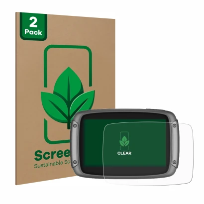 Parte frontale di una confezione del prodotto con il logo del marchio ScreenLeaf. Accanto è raffigurato il dispositivo TomTom 