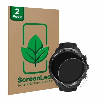 Parte frontale di una confezione del prodotto con il logo del marchio ScreenLeaf. Accanto è raffigurato il dispositivo Suunto 
