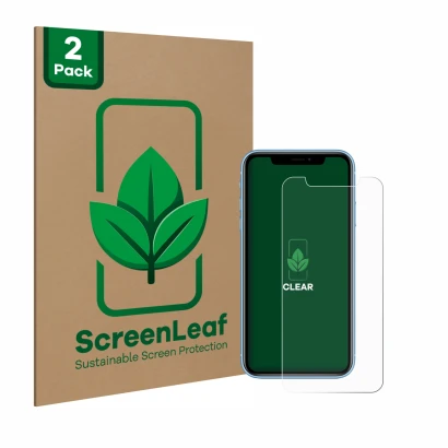 Parte frontale di una confezione del prodotto con il logo del marchio ScreenLeaf. Accanto è raffigurato il dispositivo Apple i