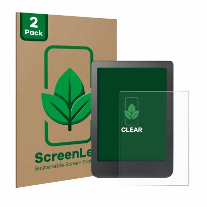 Parte frontale di una confezione del prodotto con il logo del marchio ScreenLeaf. Accanto è raffigurato il dispositivo Kobo Cl