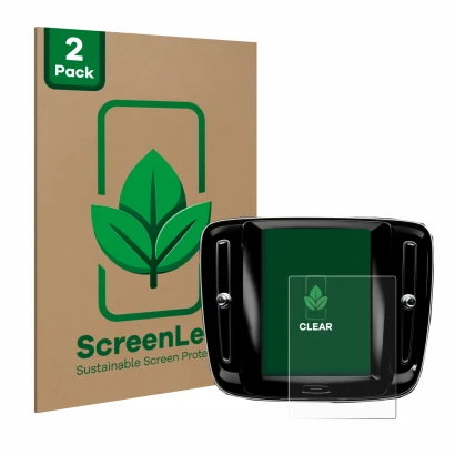 Parte frontale di una confezione del prodotto con il logo del marchio ScreenLeaf. Accanto è raffigurato il dispositivo Volvo X