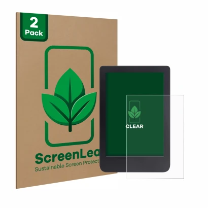 Parte frontale di una confezione del prodotto con il logo del marchio ScreenLeaf. Accanto è raffigurato il dispositivo Tolino 