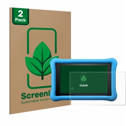 Parte frontale di una confezione del prodotto con il logo del marchio ScreenLeaf. Accanto è raffigurato il dispositivo Amazon 