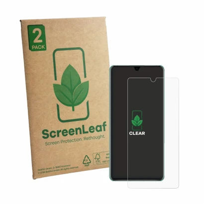 Parte frontale di una confezione del prodotto con il logo del marchio ScreenLeaf. Accanto è raffigurato il dispositivo Huawei 