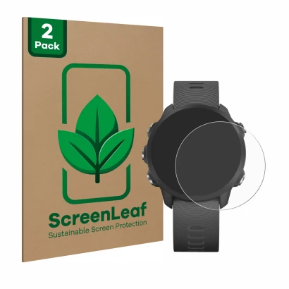 Parte frontale di una confezione del prodotto con il logo del marchio ScreenLeaf. Accanto è raffigurato il dispositivo Garmin 