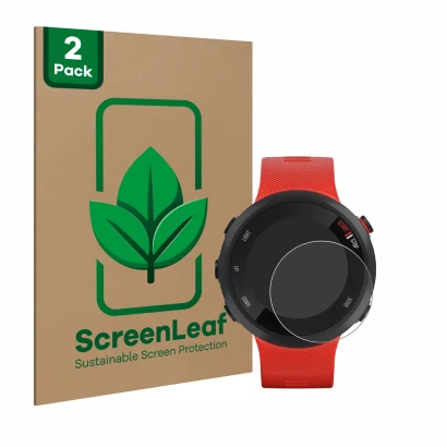 Parte frontale di una confezione del prodotto con il logo del marchio ScreenLeaf. Accanto è raffigurato il dispositivo Garmin 