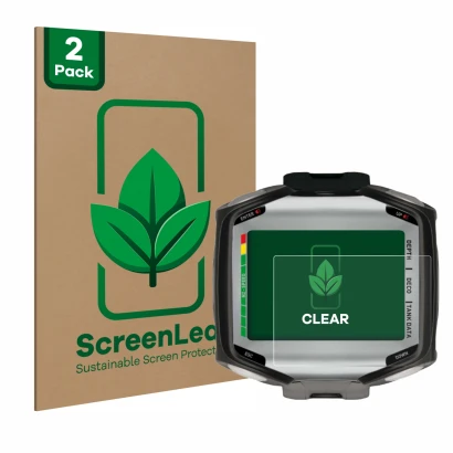 Parte frontale di una confezione del prodotto con il logo del marchio ScreenLeaf. Accanto è raffigurato il dispositivo Mares Q