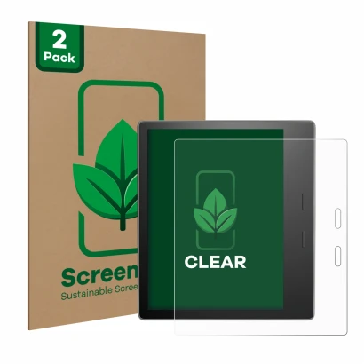 Parte frontale di una confezione del prodotto con il logo del marchio ScreenLeaf. Accanto è raffigurato il dispositivo Amazon 