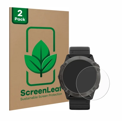 Parte frontale di una confezione del prodotto con il logo del marchio ScreenLeaf. Accanto è raffigurato il dispositivo Garmin 