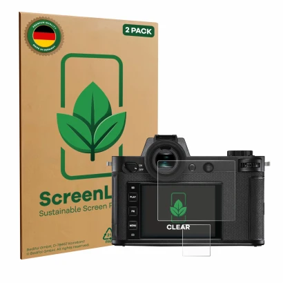 Parte frontale di una confezione del prodotto con il logo del marchio ScreenLeaf. Accanto è raffigurato il dispositivo Leica S