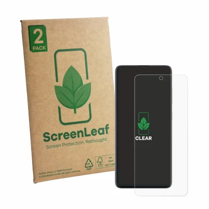 Parte frontale di una confezione del prodotto con il logo del marchio ScreenLeaf. Accanto è raffigurato il dispositivo Samsung