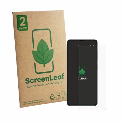 Parte frontale di una confezione del prodotto con il logo del marchio ScreenLeaf. Accanto è raffigurato il dispositivo Samsung