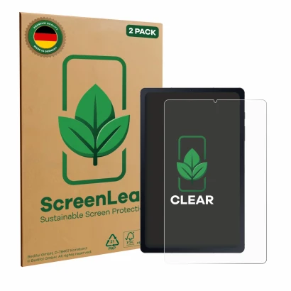 Parte frontale di una confezione del prodotto con il logo del marchio ScreenLeaf. Accanto è raffigurato il dispositivo Samsung