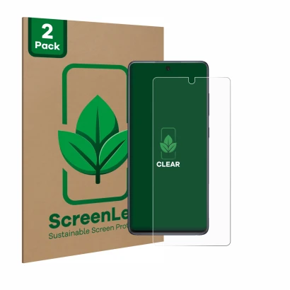 Parte frontale di una confezione del prodotto con il logo del marchio ScreenLeaf. Accanto è raffigurato il dispositivo Samsung
