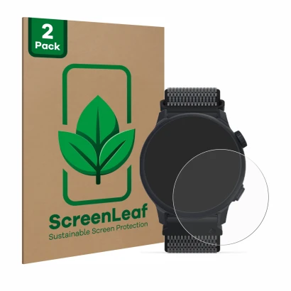 Parte frontale di una confezione del prodotto con il logo del marchio ScreenLeaf. Accanto è raffigurato il dispositivo Coros P