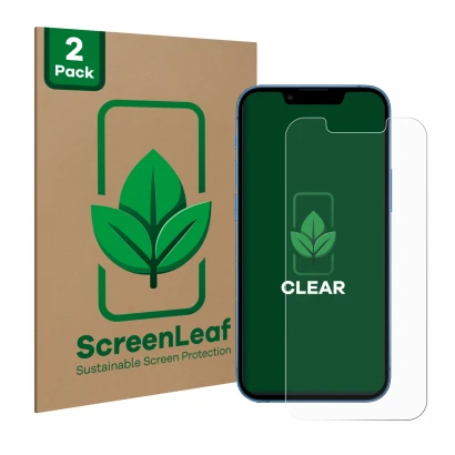 Parte frontale di una confezione del prodotto con il logo del marchio ScreenLeaf. Accanto è raffigurato il dispositivo Apple i