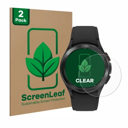 Parte frontale di una confezione del prodotto con il logo del marchio ScreenLeaf. Accanto è raffigurato il dispositivo Samsung