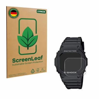 Parte frontale di una confezione del prodotto con il logo del marchio ScreenLeaf. Accanto è raffigurato il dispositivo Casio G
