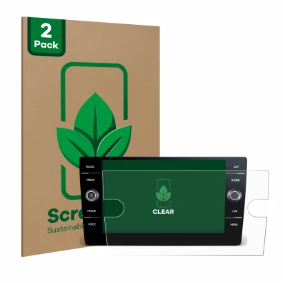 Parte frontale di una confezione del prodotto con il logo del marchio ScreenLeaf. Accanto è raffigurato il dispositivo Volkswa