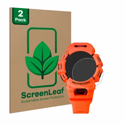 Parte frontale di una confezione del prodotto con il logo del marchio ScreenLeaf. Accanto è raffigurato il dispositivo Casio G