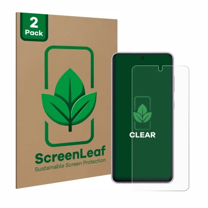 Parte frontale di una confezione del prodotto con il logo del marchio ScreenLeaf. Accanto è raffigurato il dispositivo Samsung