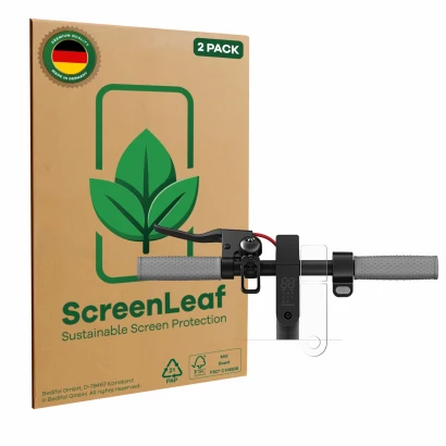 Parte frontale di una confezione del prodotto con il logo del marchio ScreenLeaf. Accanto è raffigurato il dispositivo Xiaomi 