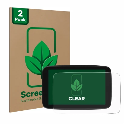 Parte frontale di una confezione del prodotto con il logo del marchio ScreenLeaf. Accanto è raffigurato il dispositivo TomTom 